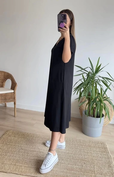 MDB Kadın Kısa Kollu V Yaka Cepli A Kesim Detaylı Viskon Elbise - Resim 4