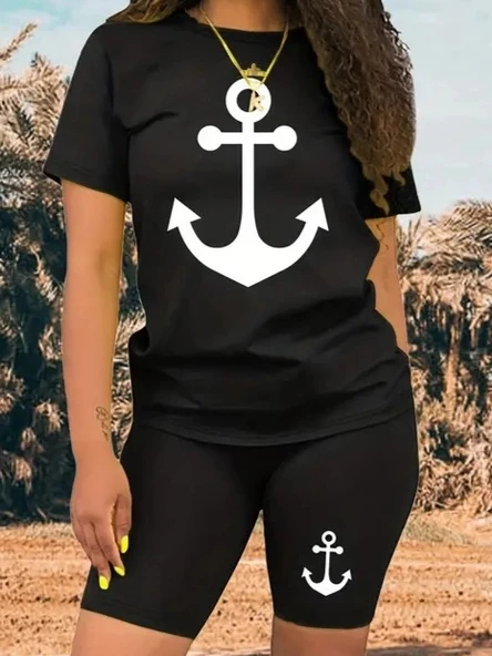 MDB Kadın Kısa Kollu çapa Baskılı Viskon Ikili Takım - Resim 2