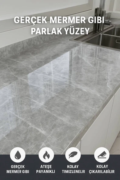 Gri Mermer Desenli Kendinden Yapışkanlı Su Geçirmez Tezgah Kaplama Folyo – Parlak Yüzey 60x500 CM - 4