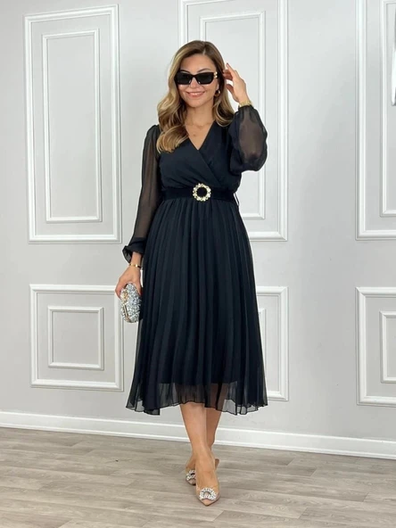 MDB Kadın şifon Kumaş Astalı Kloş Kesim Kruvaze Yaka idi Boy Elbise - Resim 3