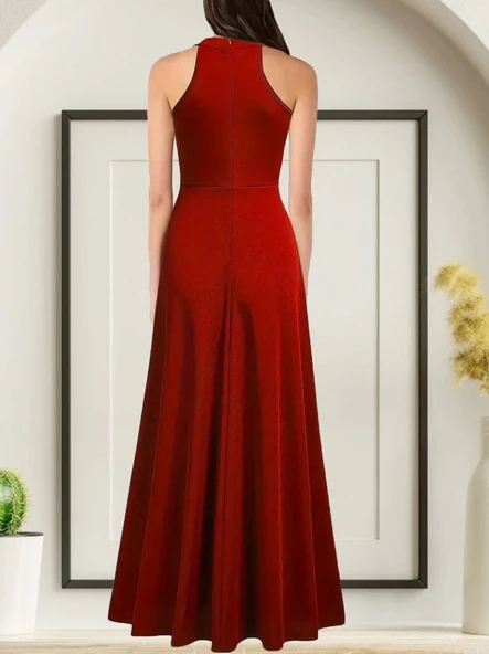 MDB Kadınhalter Yaka Derin Yırtmaç Detaylı Tam Boy Ithal Krep Abiye Elbise - Resim 2