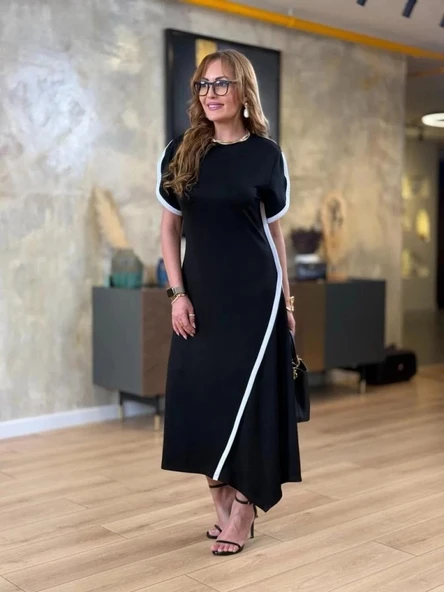 MDB Kadın Kısa Kollu Bisiklet Yaka çift şerit Renk Detaylı Asimetrik Kesim Viskon Iki Iplik Elbise - Resim 3