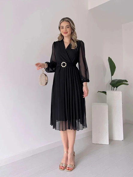 MDB Kadın şifon Kumaş Astalı Kloş Kesim Kruvaze Yaka idi Boy Elbise ürün görseli 1