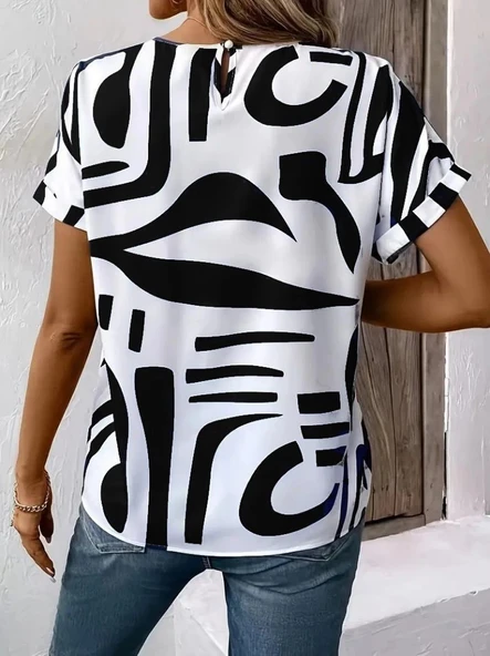 MDB Kadın Kısa Kollu Yuvarlak Yaka Desenli Süprem Bluz - Resim 4