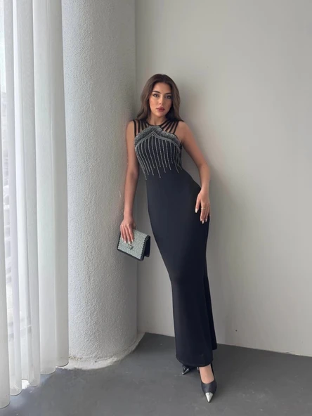 MDB Kadın Omuz çoklu Askılı önü Taş Işlemeli Balık Kesim Janjan Krep Maxi Boy Elbise ürün görseli