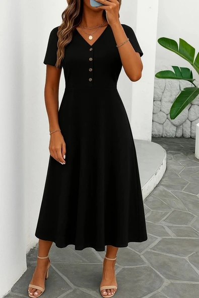 MDB Kadın Kısa Kollu V Yakalı önden Düğmeli Yırtmaçlı Midi Viskon Elbise ürün görseli 1