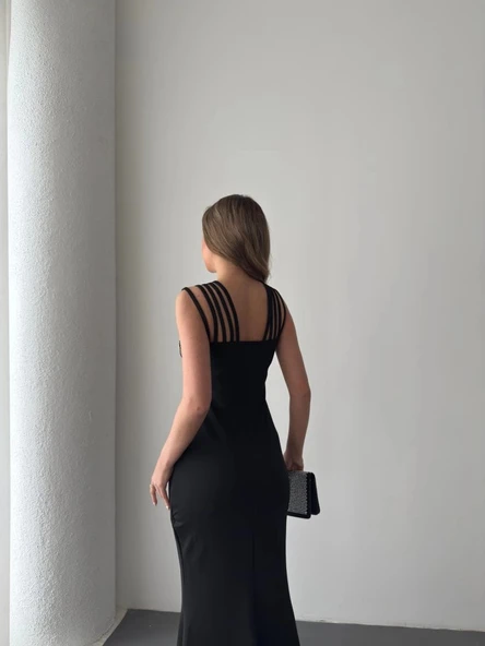 MDB Kadın Omuz çoklu Askılı önü Taş Işlemeli Balık Kesim Janjan Krep Maxi Boy Elbise - Resim 3