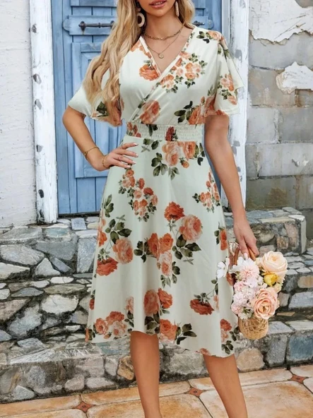 MDB Kadın Kısa Kollu Kruvaze Yakalı Desenli Süprem Kısa Elbise - Resim 3