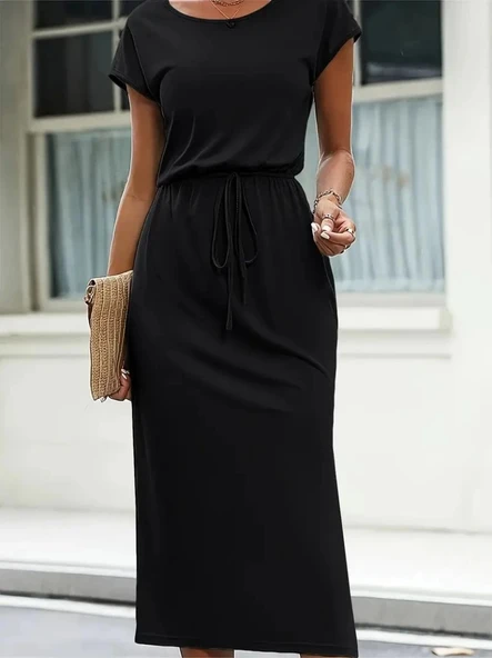 MDB Kadın Kısa Kollu Yakası Açık Belden Kuşaklı Yandan Yırtmaçlı Midi Viskon Elbise - Resim 2