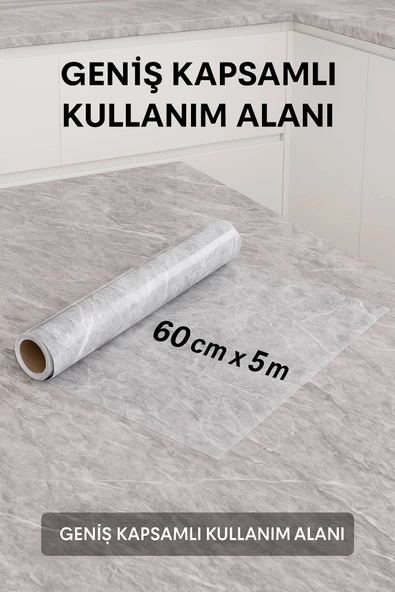 Gri Mermer Desenli Kendinden Yapışkanlı Su Geçirmez Tezgah Kaplama Folyo – Parlak Yüzey 60x500 CM - 6