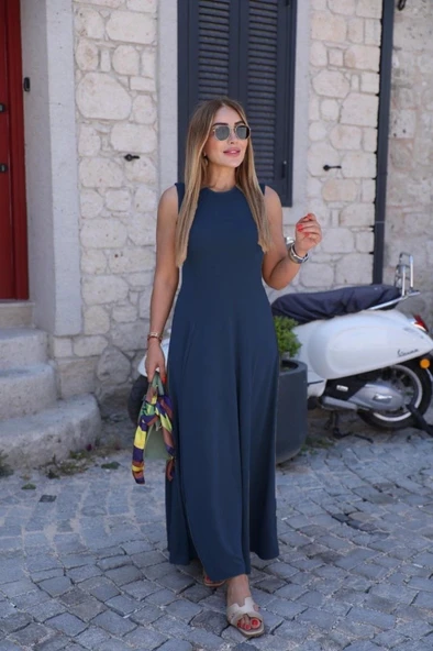 MDB Kadın Sıfır Kollu Bisiklet Yaka Viskon Elbise - Resim 3