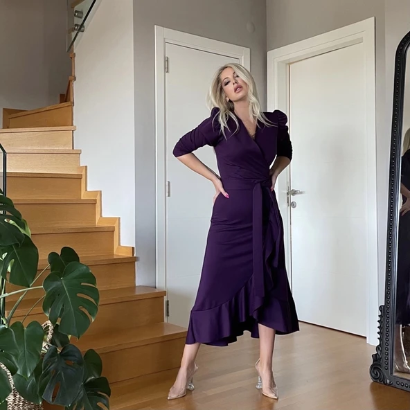 MDB Krep Kumaş idi Boy Kuşaklı Uzunkol Elbise - Resim 2