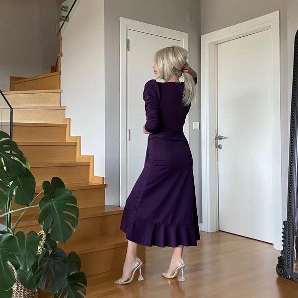 MDB Krep Kumaş idi Boy Kuşaklı Uzunkol Elbise - Resim 3