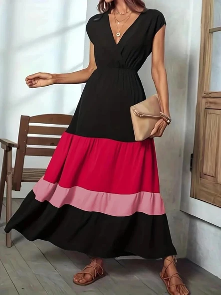 MDB Kadın Kısa Kollu Kruvaze Yakalı çok Renkli Aerobin Elbise - Resim 3