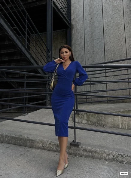 MDB Kadın Kruvaze Yaka Balon Kol imli Krep Kumaş idi Boy Elbise - Resim 3