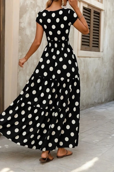 MDB Kadın Kısa Kollu Kruvaze Yaka Beli Lastikli Süprem Maksi Boy Elbise - Resim 2