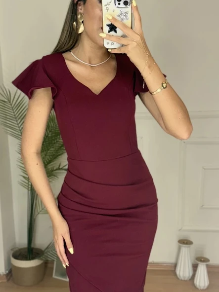 MDB QKadın Kısa Kollu Kalp Yaka Yanlardan Büzgü Detay Midi Janjan Krep Elbise - Resim 2