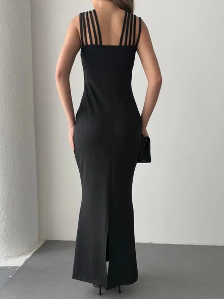 MDB Kadın Omuz çoklu Askılı önü Taş Işlemeli Balık Kesim Janjan Krep Maxi Boy Elbise - Resim 7