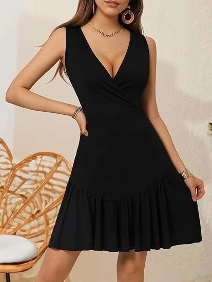 MDB Kadın Askılı Kruvaze Yakalı Fırfırlı Janjan Krep Elbise - Resim 2