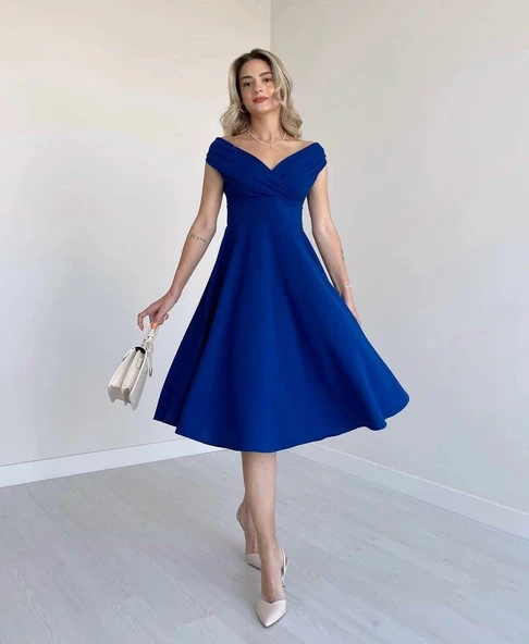 MDB Kadın Kısa Kollu Kruvaze Yaka Eteği Volanlı Krep Elbise ürün görseli 1