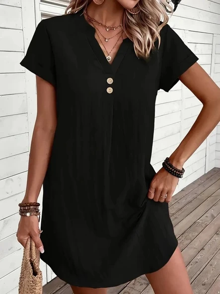 MDB Kadın Kısa Kollu V Yakalı Düğmeli Müslim Kısa Elbise - Resim 4