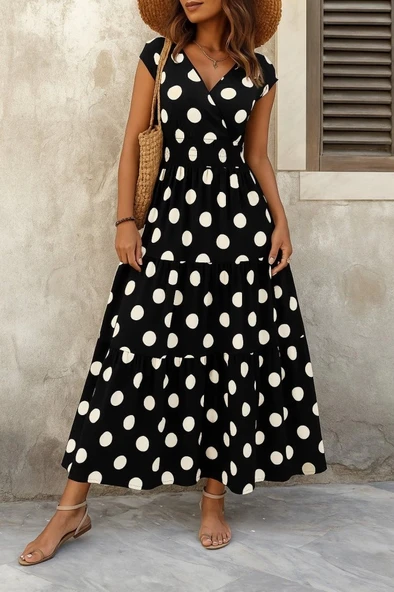 MDB Kadın Kısa Kollu Kruvaze Yaka Beli Lastikli Süprem Maksi Boy Elbise - Resim 3