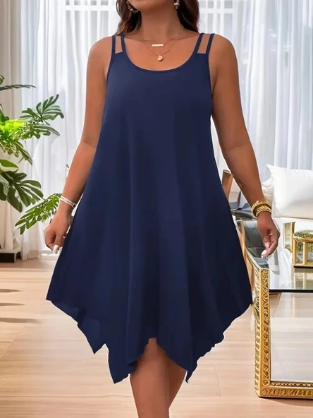 MDB Kadın Askılı Yuvarlak Asimetrik Kesim Detaylı Viskon Elbise - Resim 3