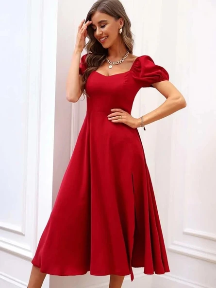 MDB Kadın Kısa Kollu Kare Yakalı Yırtmaçlı Midi Janjan Krep Elbise - Resim 5