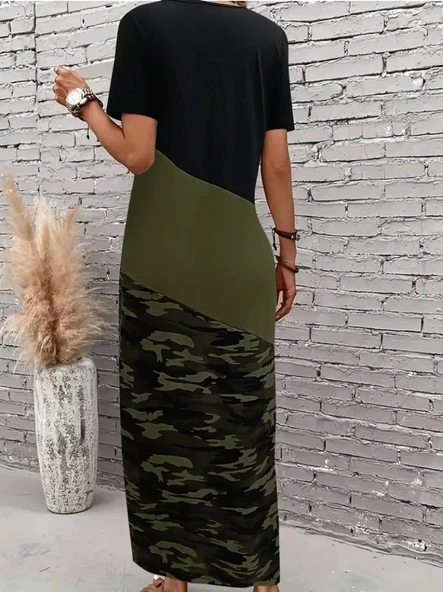 MDB Kadın Kısa Kollu Bisiklet Yaka çok Renkli Maksi Viskon Elbise - Resim 4