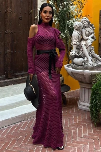 MDB Saten Kuşaklı Ajurlu Triko Elbise 2847 ürün görseli 1