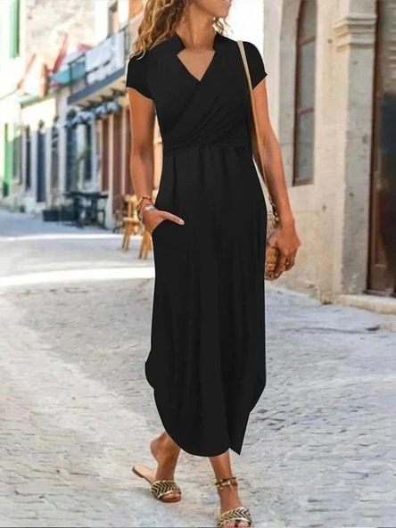 MDB Kadın Kısa Kollu Hakim V Yaka Viskon Elbise - Resim 3