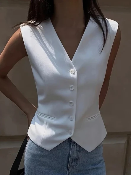 MDB Kadın Sıfır Kollu önden Düğmeli Atlas Yelek - Resim 5