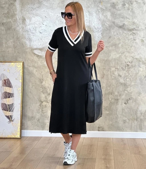 MDB Kadın Kısa Kollu V Yaka Kol Ve Yaka Ribana Detay Midi Boy Viskon Elbise - Resim 5