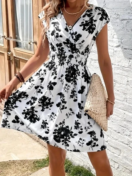 MDB Kadın Kısa Kollu Kruvaze Yakalı çiçekli Desenli Süprem Elbise - Resim 4