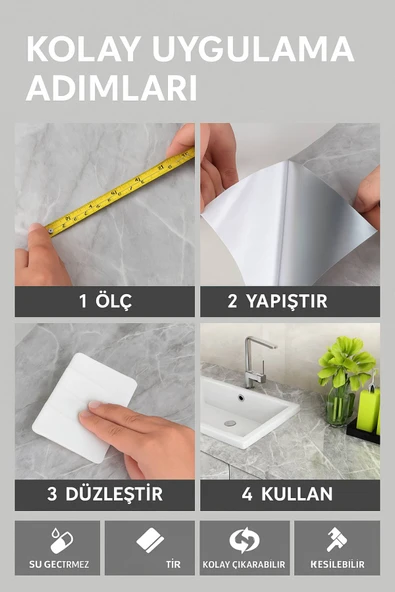 Gri Mermer Desenli Kendinden Yapışkanlı Su Geçirmez Tezgah Kaplama Folyo – Parlak Yüzey 60x500 CM - 7