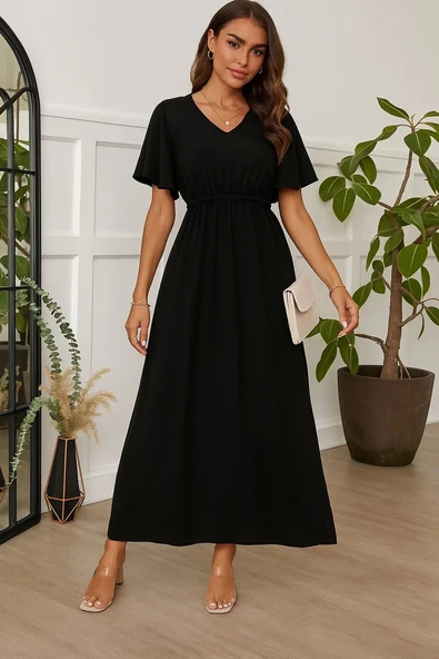 MDB Kadın Kısa Kollu V Yakalı Beli Lastikli Uzun Viskon Elbise ürün görseli 1