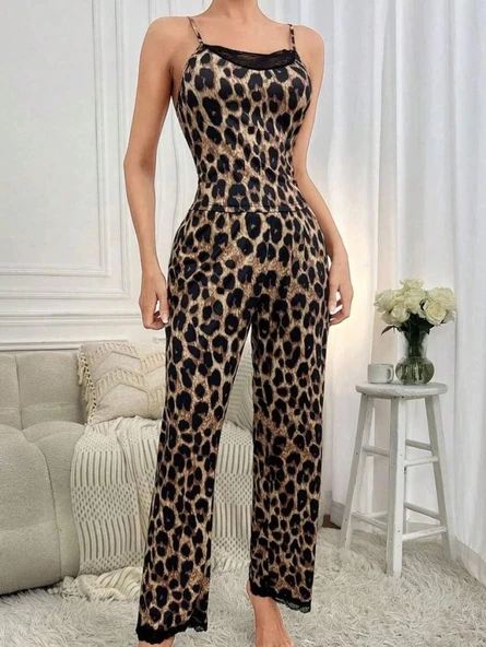 MDB Kadın Ip Askılı Yakası Dantelli Bluz Ve Pijama Sandy Ikili Takım - Resim 2