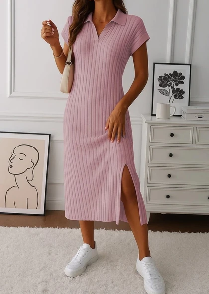 MDB Kadın Kısa Kollu Yakalı Yandan Yırtmaçlı Kalın Fitilli Kaşkorse Elbise ürün görseli 1