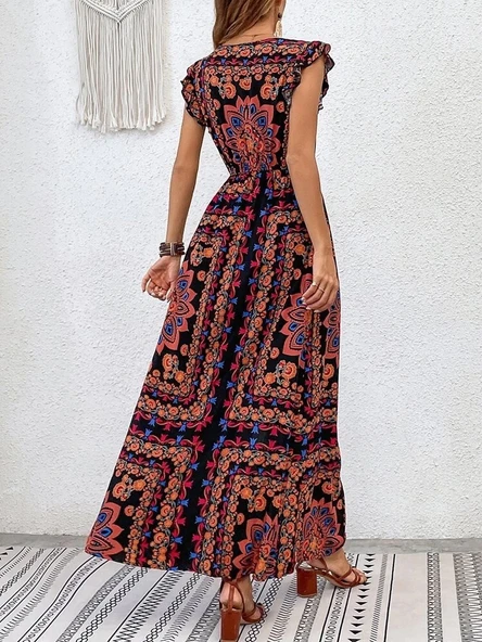 MDB Kadın Kısa Kollu V Yakalı Deseni Yırtmaçlı Süprem Elbise - Resim 3