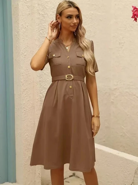 MDB Kadın Kısa Kollu Düğmeli Ve Kemerli Atlas Elbise - Resim 4