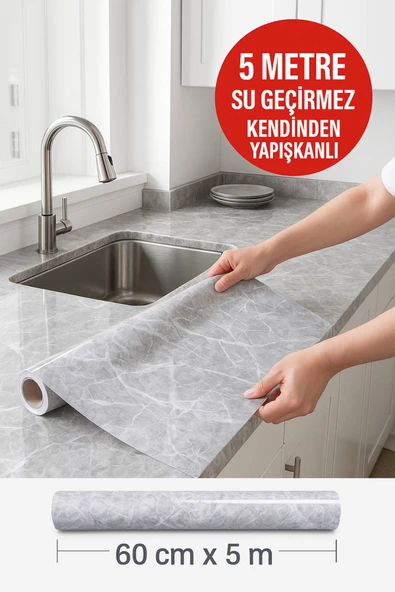 Gri Mermer Desenli Kendinden Yapışkanlı Su Geçirmez Tezgah Kaplama Folyo – Parlak Yüzey 60x500 CM - 2