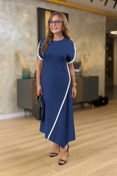 MDB Kadın Kısa Kollu Bisiklet Yaka çift şerit Renk Detaylı Asimetrik Kesim Viskon Iki Iplik Elbise - Resim 2