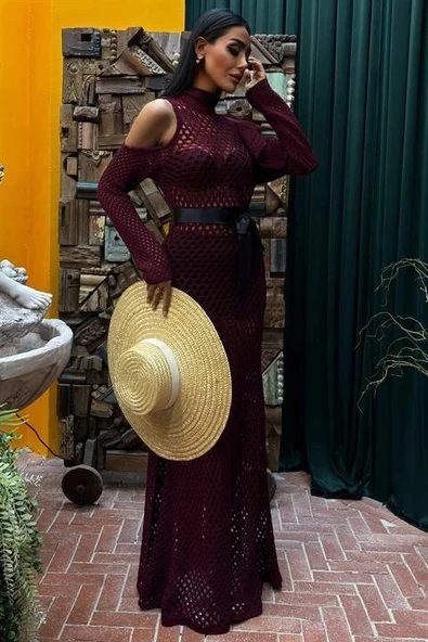 MDB Saten Kuşaklı Ajurlu Triko Elbise 2847 ürün görseli 1