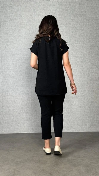 MDB Kadın Kısa Kollu Yuvarlak Yaka Aerobin Bluz Ve Pantolon Ikili Takım - Resim 3