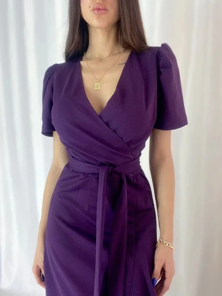 MDB Kadın Kruvaze Yaka idi Boy Kuşaklı Krep Elbise 120 Cm - Resim 7