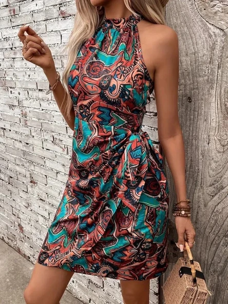 MDB Kadın Omuzlardan Açık Yarı Balıkçı Yaka Yandan çapraz Bağlama Detaylı Süprem Kısa Elbise ürün görseli 1