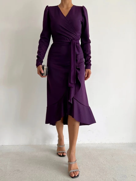 MDB Krep Kumaş idi Boy Kuşaklı Uzunkol Elbise - Resim 7