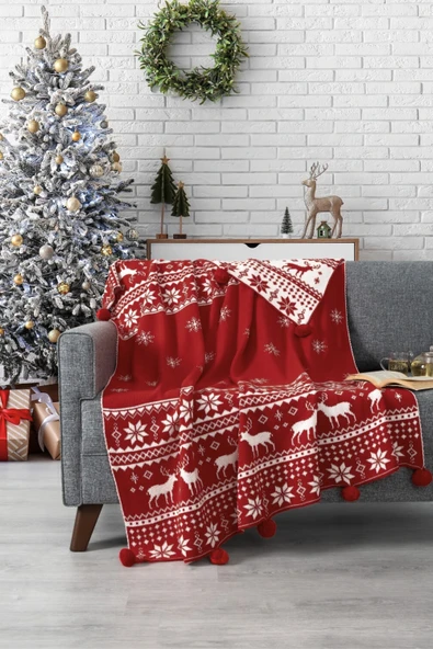 Yılbaşı Temalı Ponponlu Triko Örme Tv Battaniyesi, Yılbaşı Hediyesi, 130x170 cm - Resim 5