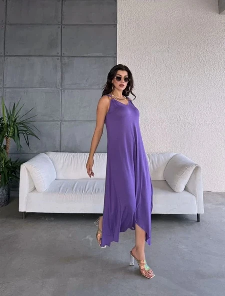 MDB Kadın çan Dokuma Kumaş V Yaka Asimetrik Kesim Elbise - Resim 5