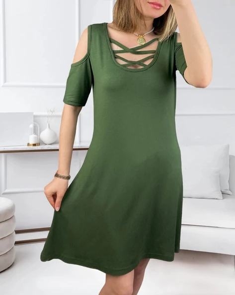 MDB Dekolteli Bağcık Detay Viskon Kumaş Elbise - Resim 4